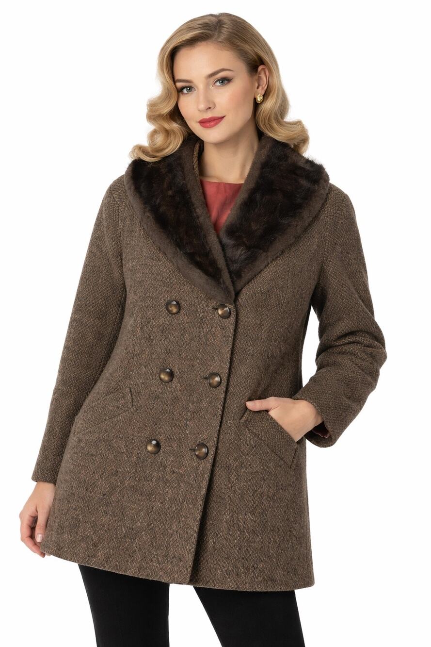 Vintage 40's Brown tweed double breasted coat Fur shawl collar medium